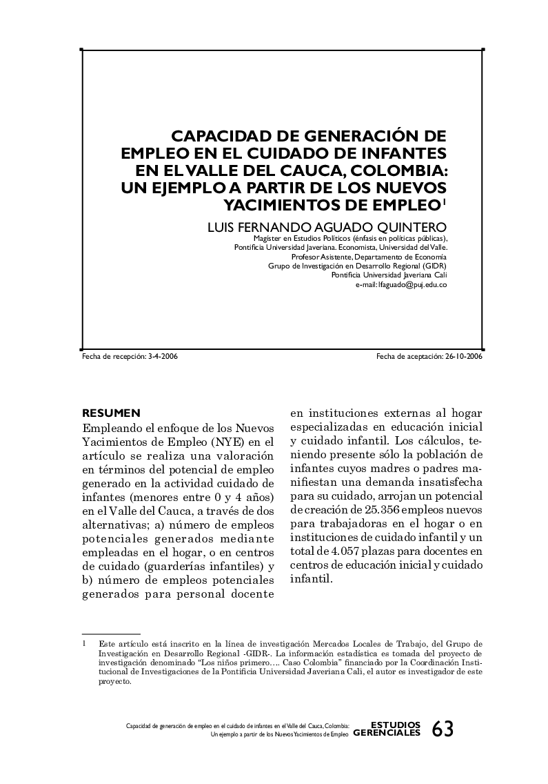Capacidad de generación de empleo en el cuidado de infantes en el valle del cauca, colombia: un ejemplo a partir de los nuevos yacimientos de empleo1