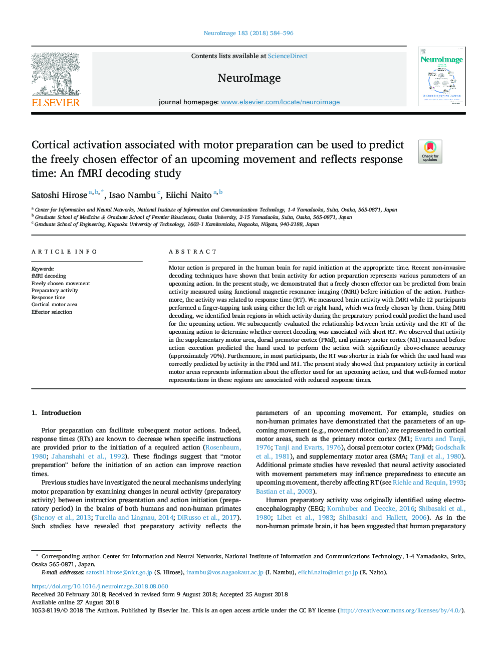 Cortical activation associated with motor preparation can be used to predict the freely chosen effector of an upcoming movement and reflects response time: An fMRI decoding study