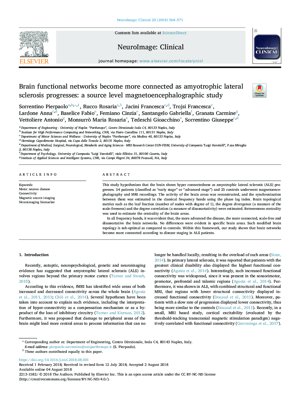 Brain functional networks become more connected as amyotrophic lateral sclerosis progresses: a source level magnetoencephalographic study