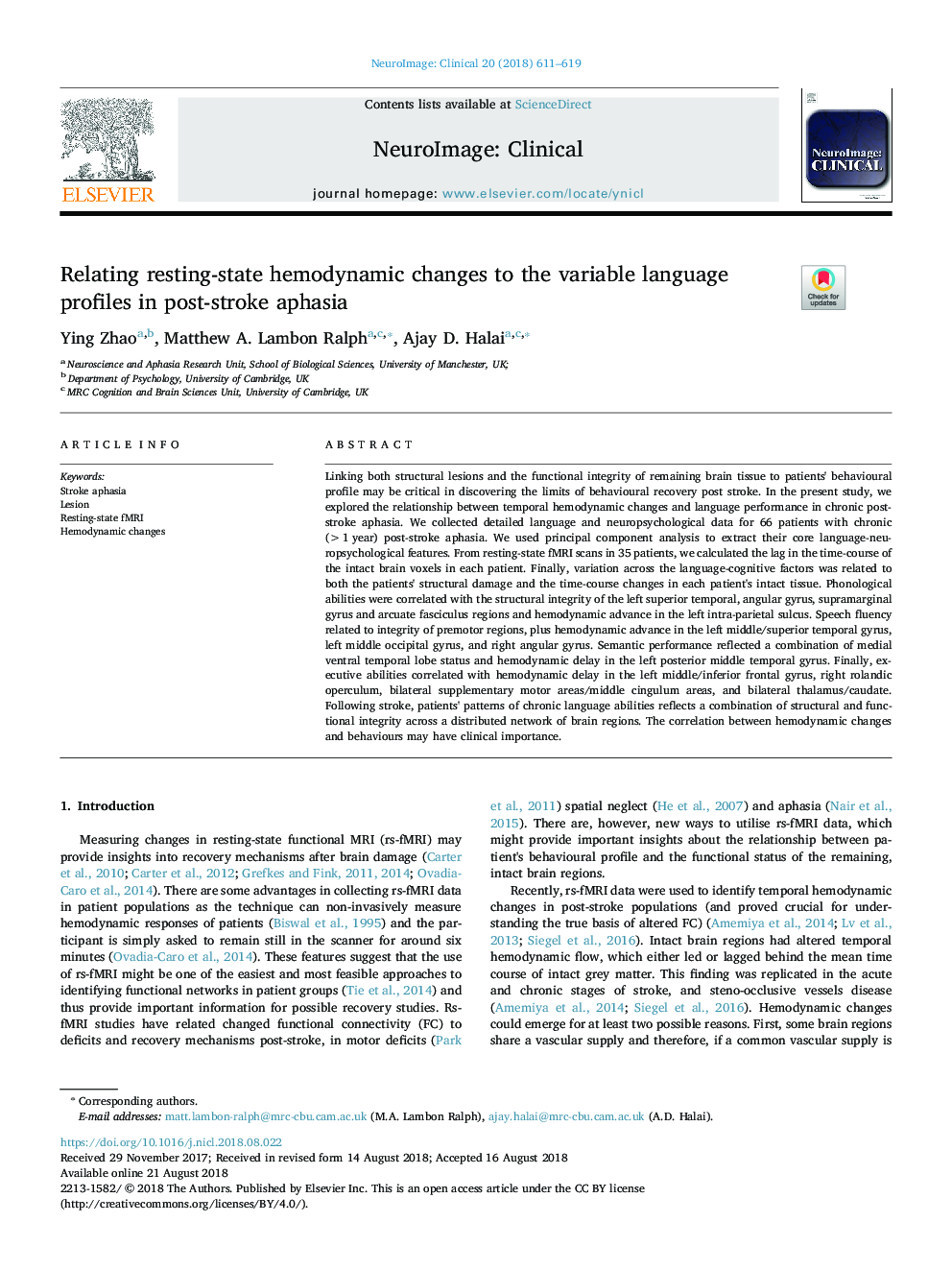 Relating resting-state hemodynamic changes to the variable language profiles in post-stroke aphasia