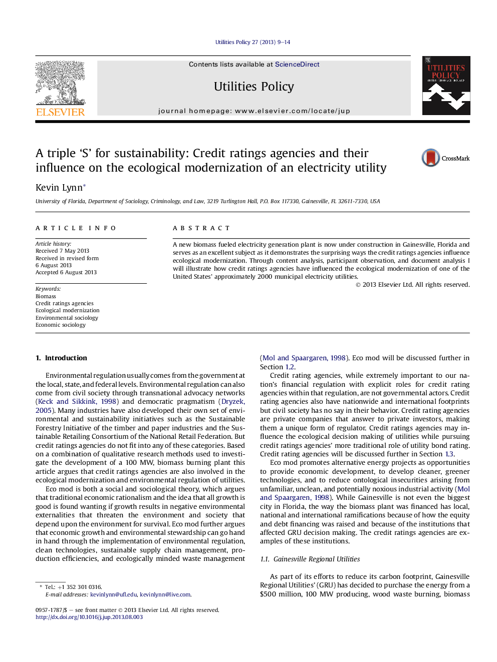 A triple ‘S’ for sustainability: Credit ratings agencies and their influence on the ecological modernization of an electricity utility