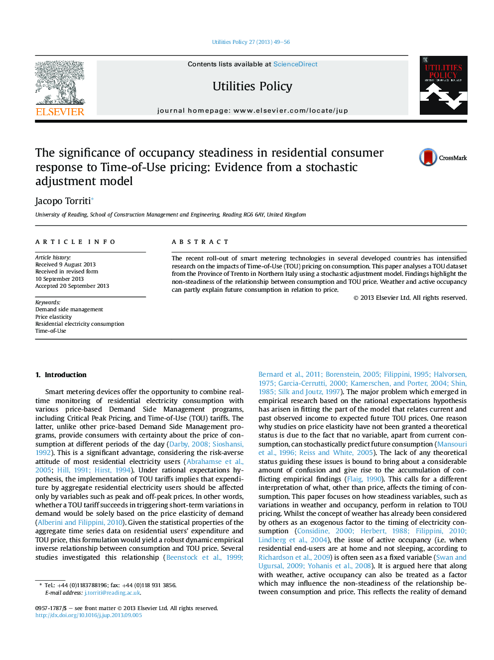 The significance of occupancy steadiness in residential consumer response to Time-of-Use pricing: Evidence from a stochastic adjustment model
