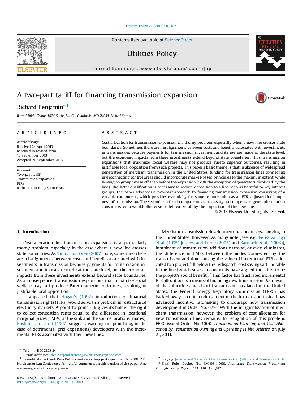 A two-part tariff for financing transmission expansion