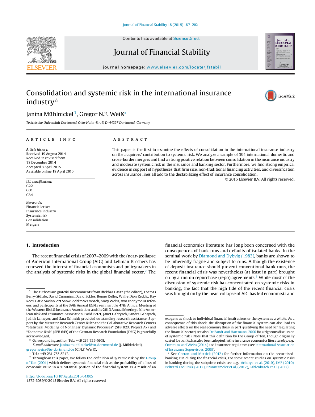 Consolidation and systemic risk in the international insurance industry 