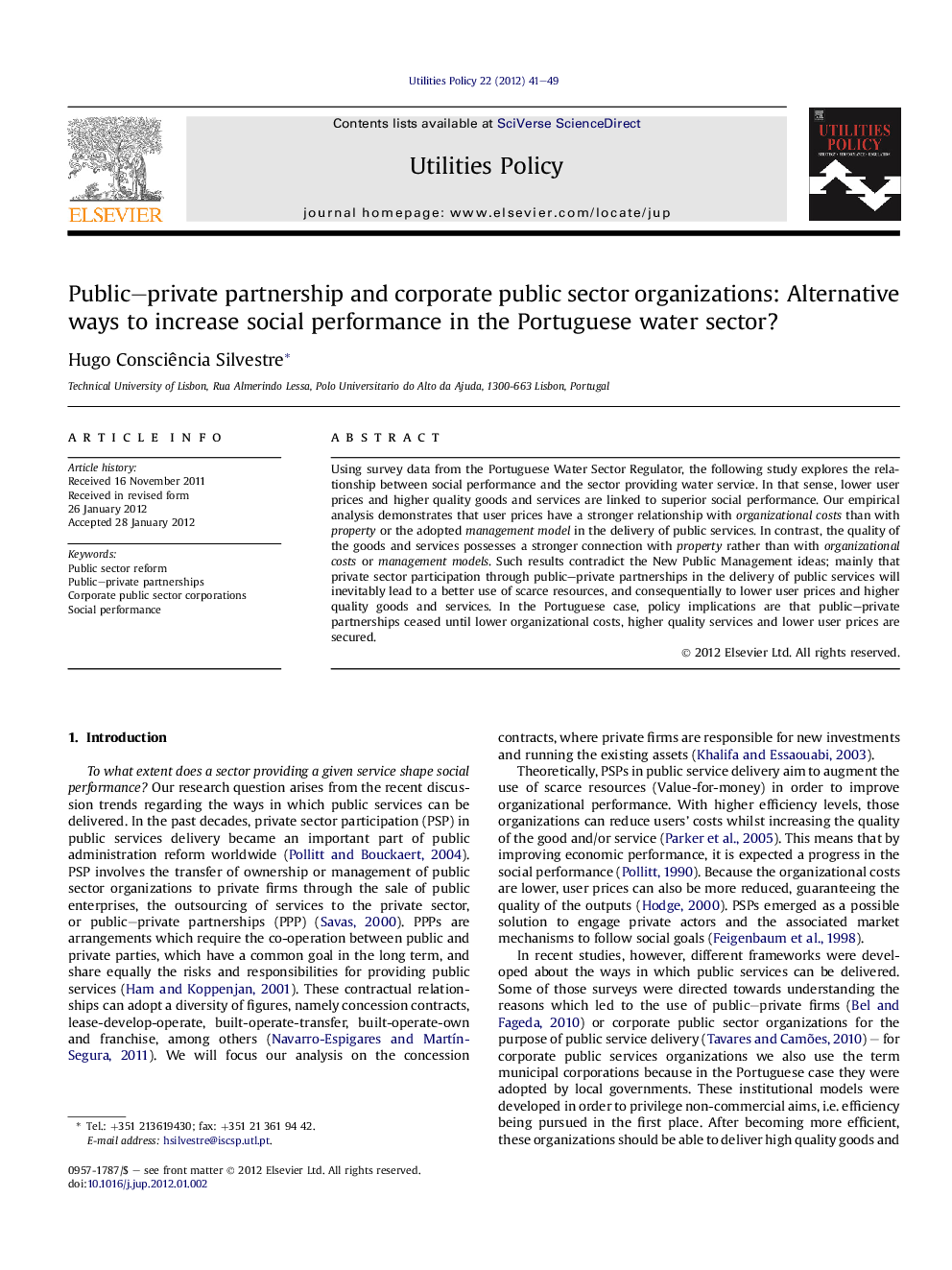 Public–private partnership and corporate public sector organizations: Alternative ways to increase social performance in the Portuguese water sector?