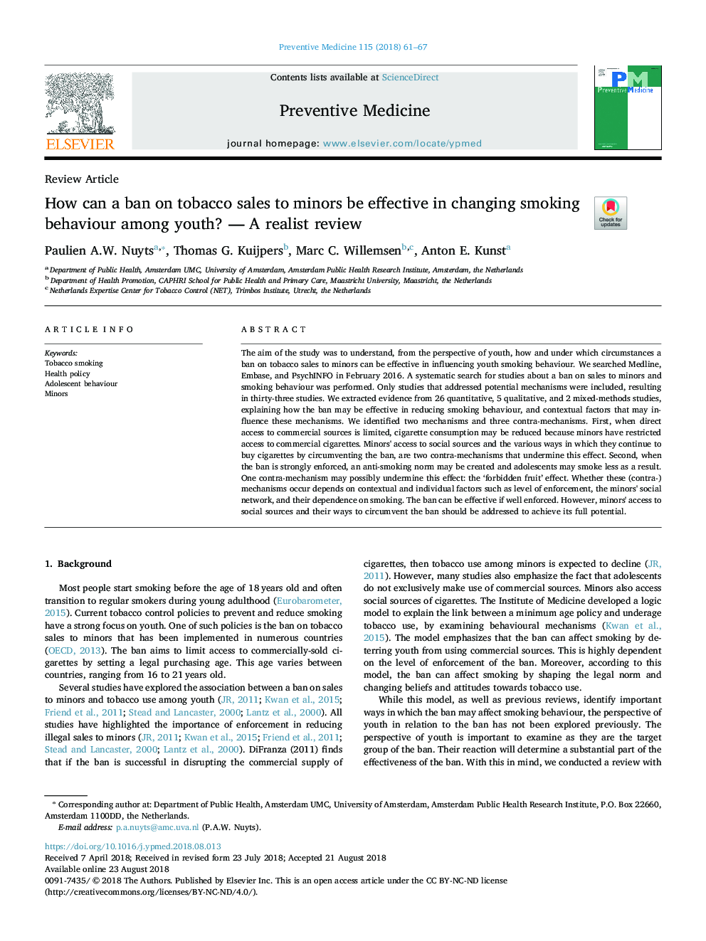 How can a ban on tobacco sales to minors be effective in changing smoking behaviour among youth? - A realist review