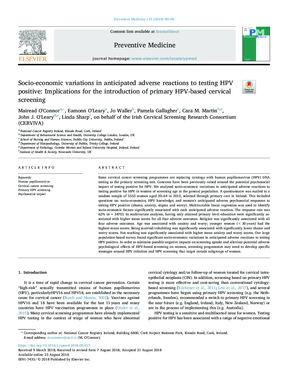 Socio-economic variations in anticipated adverse reactions to testing HPV positive: Implications for the introduction of primary HPV-based cervical screening