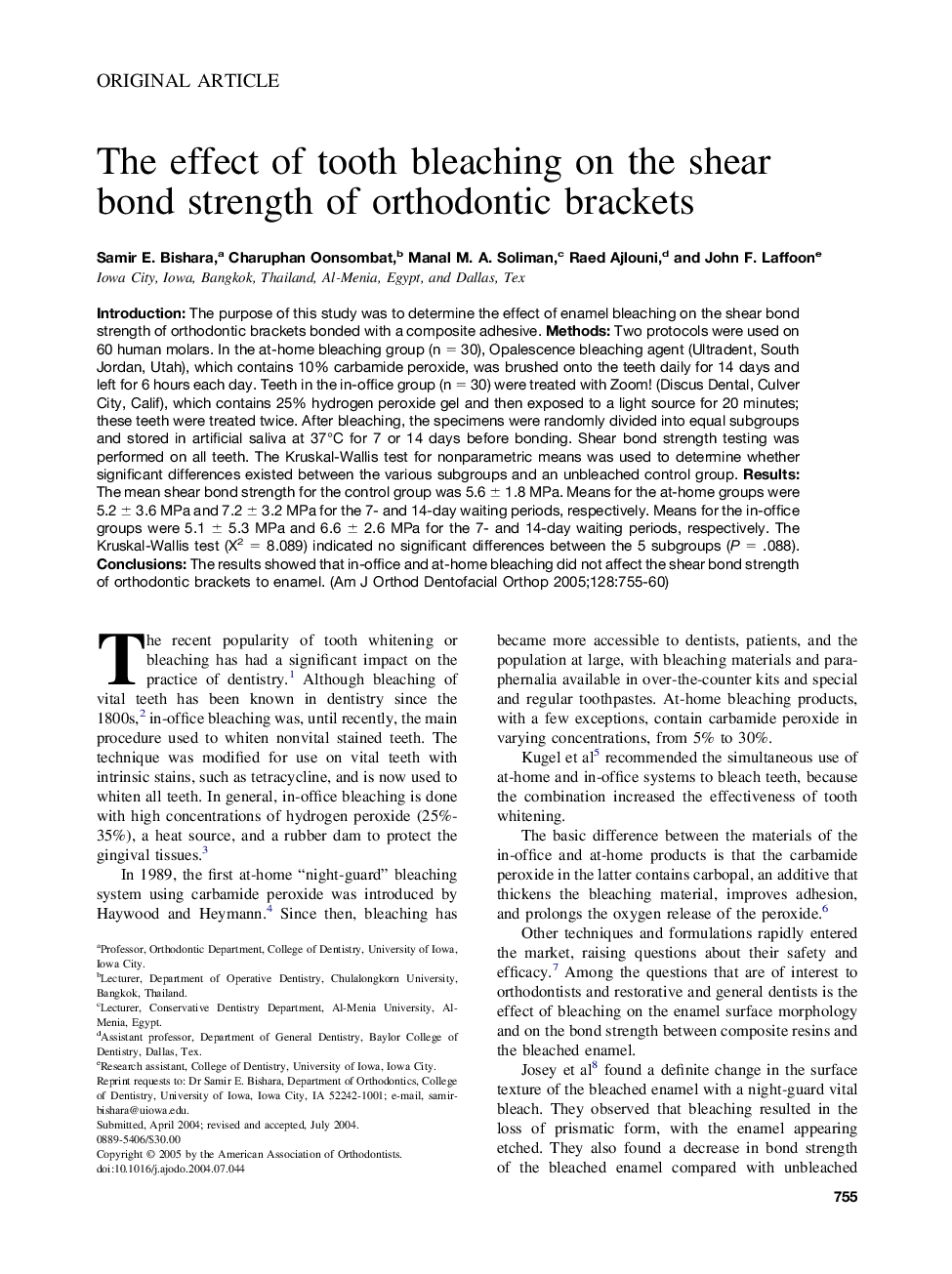 The effect of tooth bleaching on the shear bond strength of orthodontic brackets