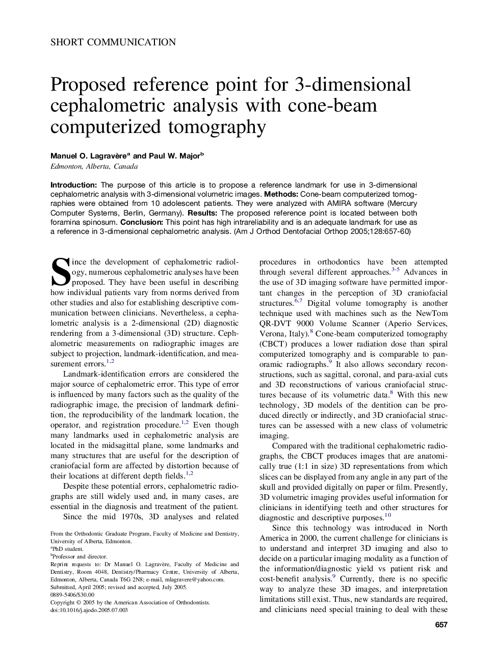 Proposed reference point for 3-dimensional cephalometric analysis with cone-beam computerized tomography