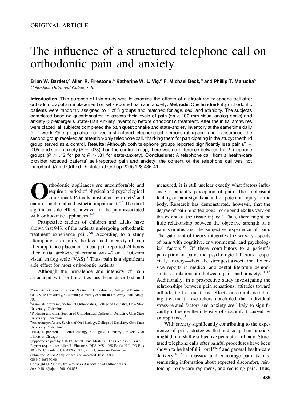 The influence of a structured telephone call on orthodontic pain and anxiety