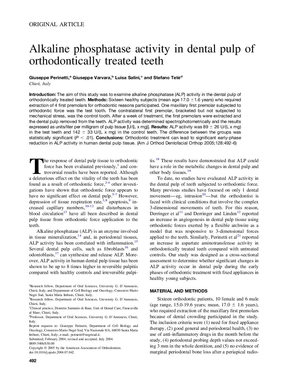 Alkaline phosphatase activity in dental pulp of orthodontically treated teeth