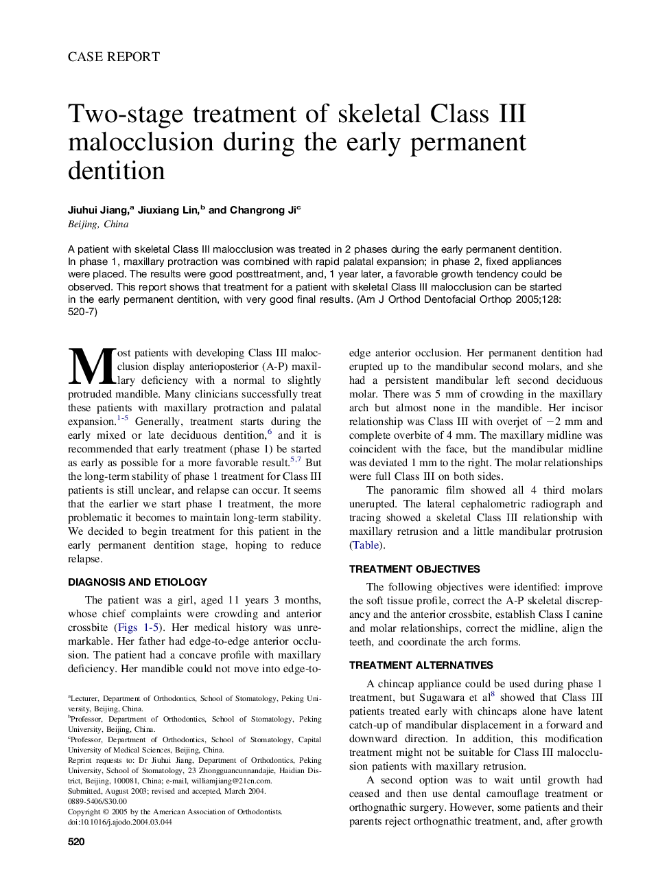 Two-stage treatment of skeletal Class III malocclusion during the early permanent dentition