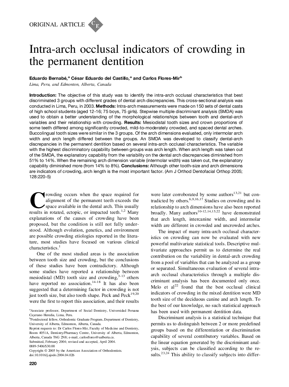 Intra-arch occlusal indicators of crowding in the permanent dentition