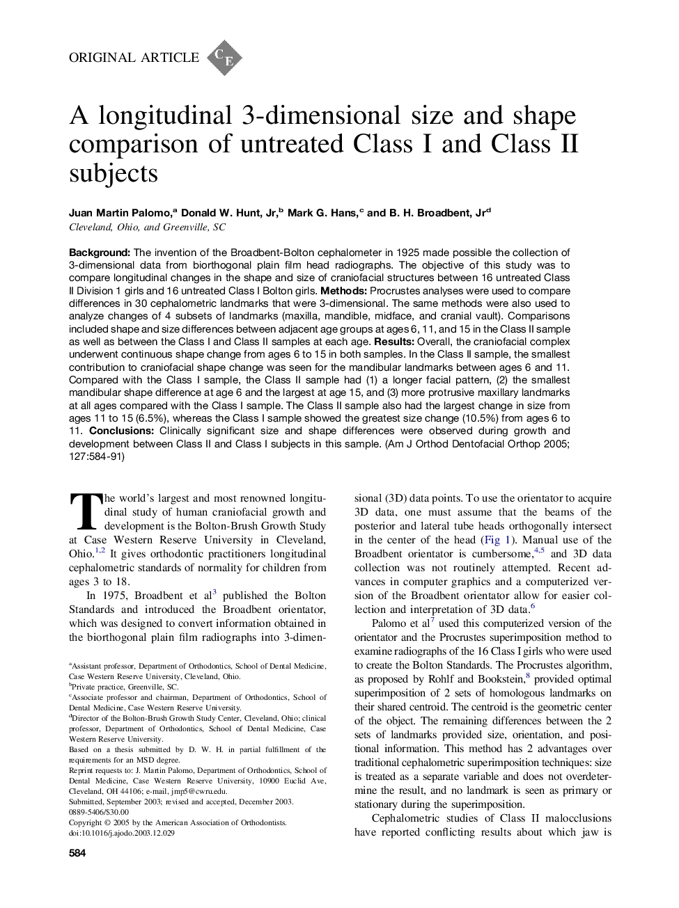 A longitudinal 3-dimensional size and shape comparison of untreated Class I and Class II subjects