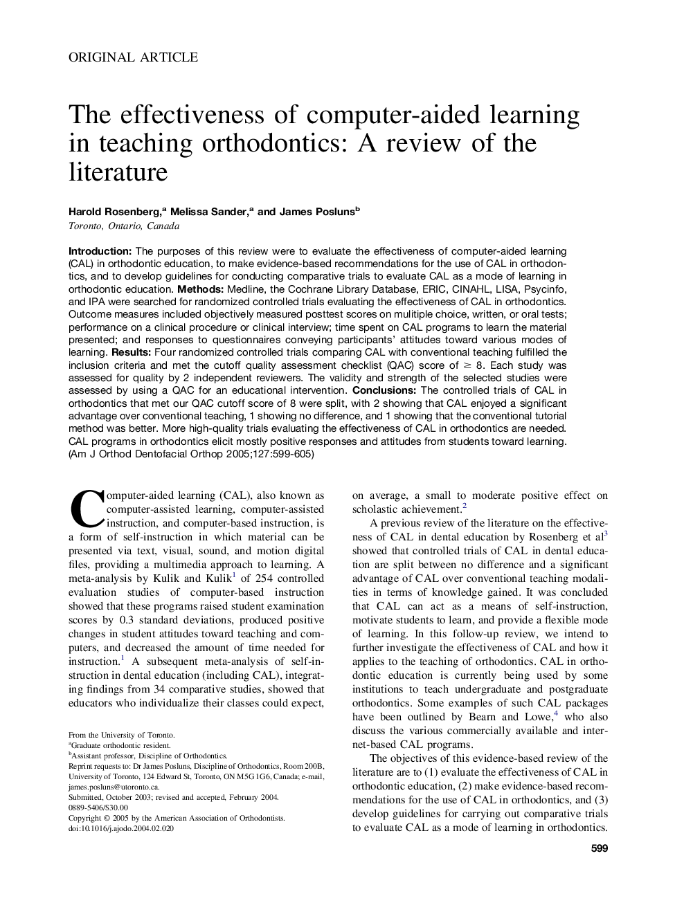 The effectiveness of computer-aided learning in teaching orthodontics: A review of the literature