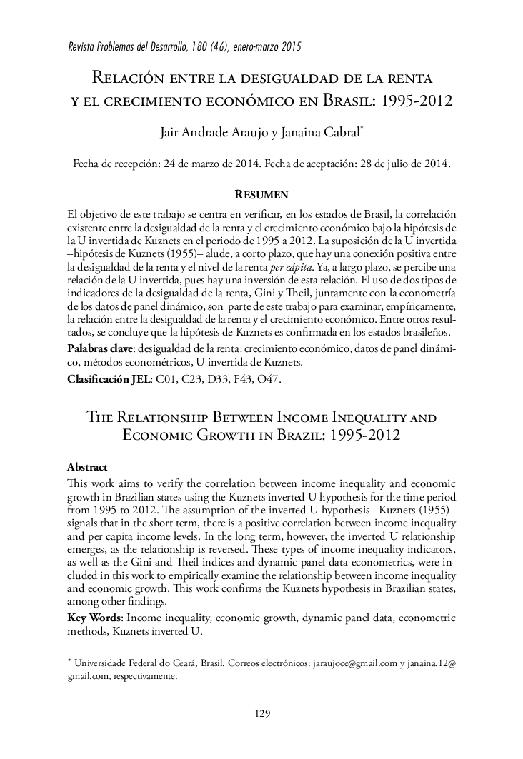 Relación entre la desigualdad de la renta y el crecimiento económico en Brasil: 1995-2012