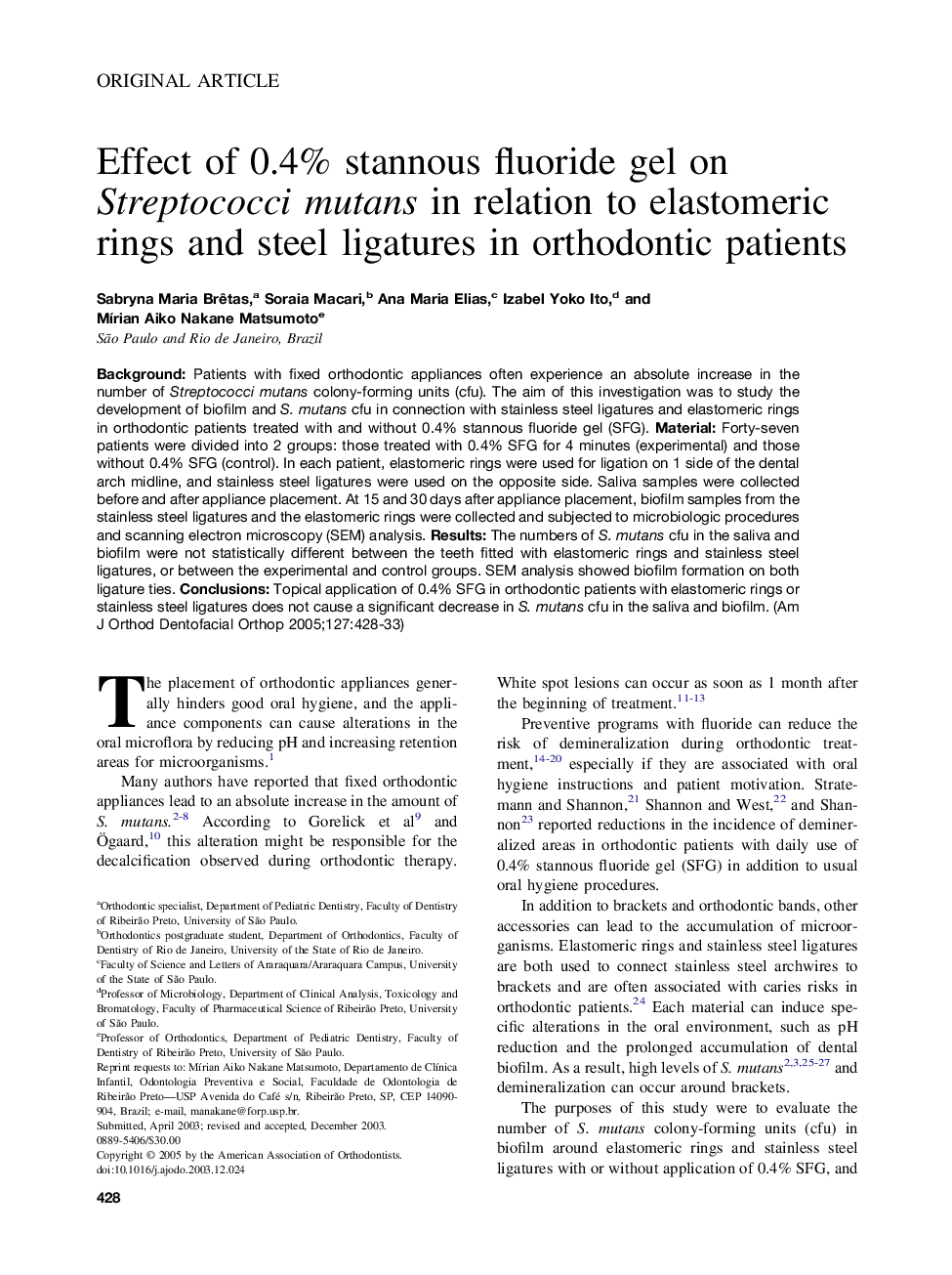 Effect of 0.4% stannous fluoride gel on Streptococci mutans in relation to elastomeric rings and steel ligatures in orthodontic patients