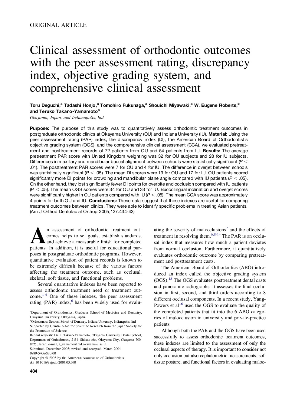 Clinical assessment of orthodontic outcomes with the peer assessment rating, discrepancy index, objective grading system, and comprehensive clinical assessment