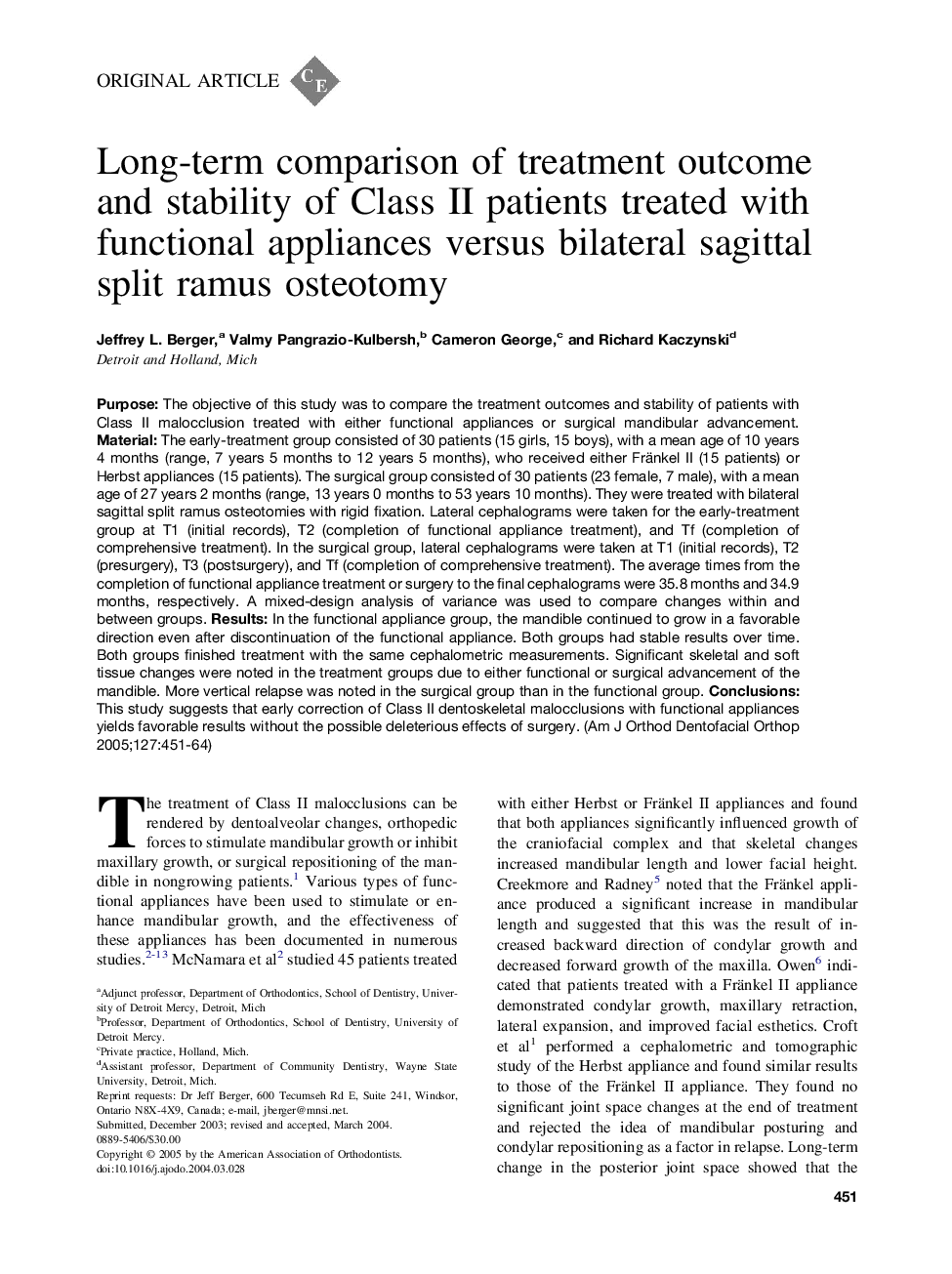 Long-term comparison of treatment outcome and stability of Class II patients treated with functional appliances versus bilateral sagittal split ramus osteotomy