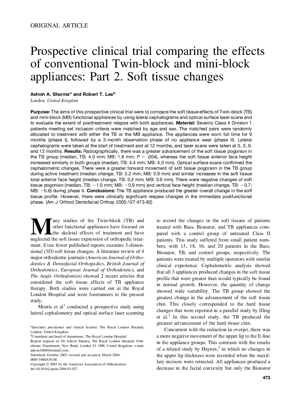 Prospective clinical trial comparing the effects of conventional Twin-block and mini-block appliances: Part 2. Soft tissue changes