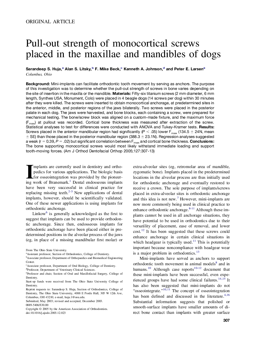 Pull-out strength of monocortical screws placed in the maxillae and mandibles of dogs