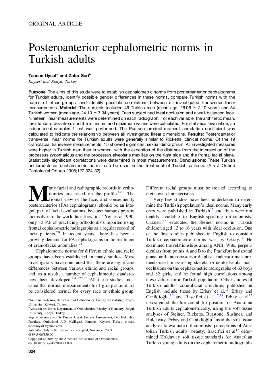 Posteroanterior cephalometric norms in Turkish adults