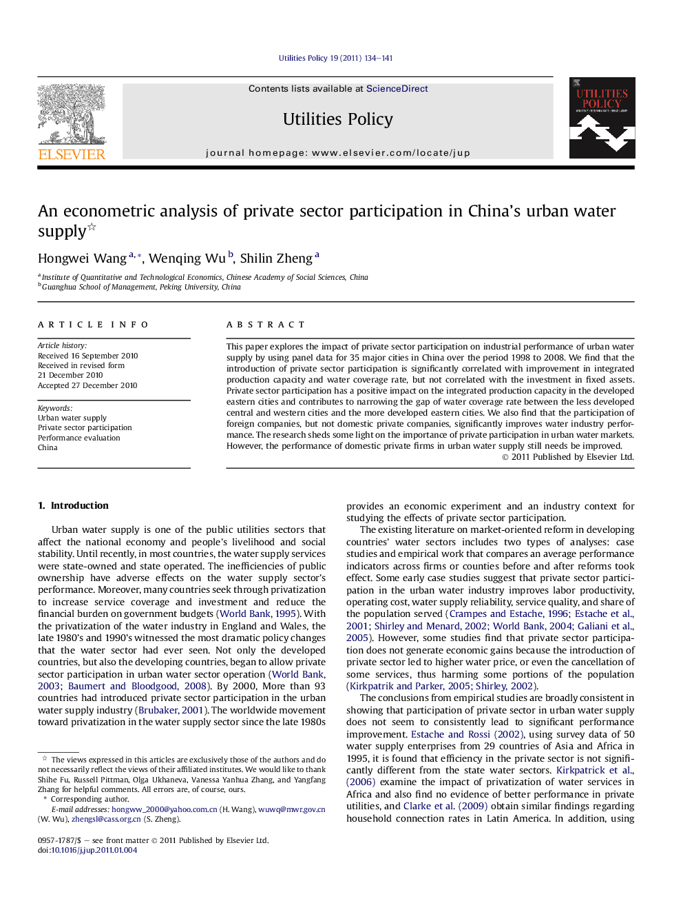 An econometric analysis of private sector participation in China’s urban water supply 