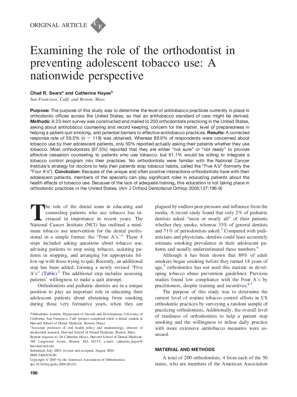 Examining the role of the orthodontist in preventing adolescent tobacco use: A nationwide perspective