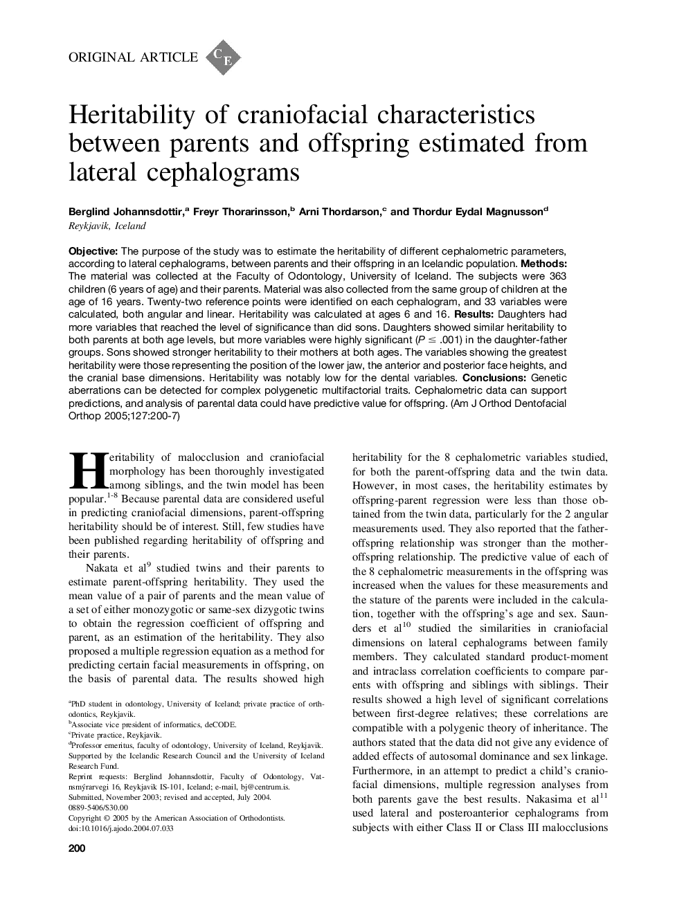 Heritability of craniofacial characteristics between parents and offspring estimated from lateral cephalograms