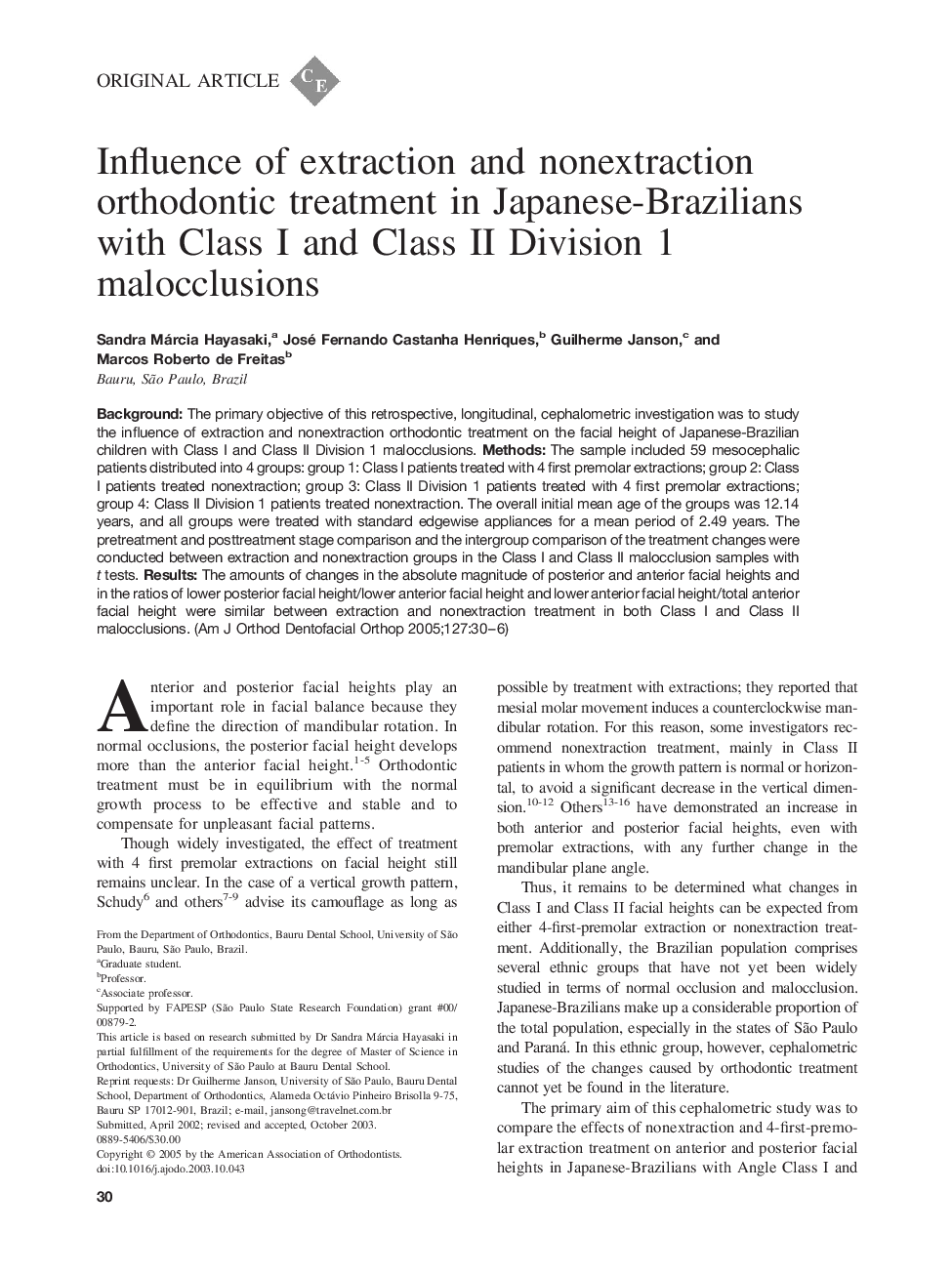 Influence of extraction and nonextraction orthodontic treatment in Japanese-Brazilians with class I and class II division 1 malocclusions