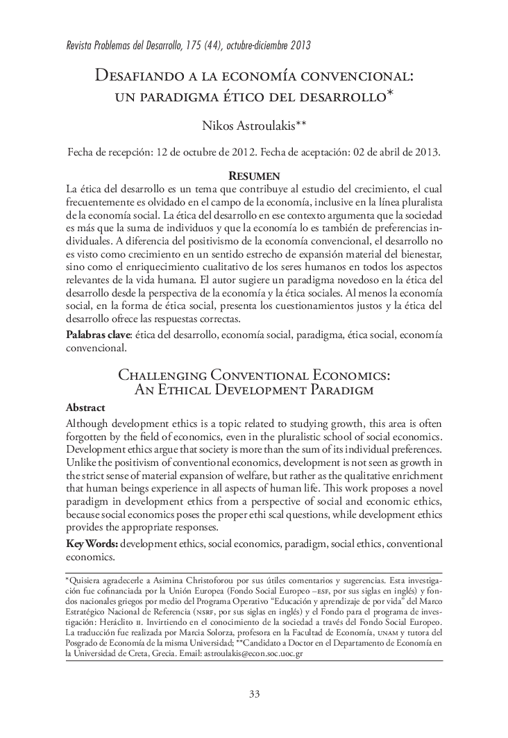 Desafiando a la economía convencional: un paradigma ético del desarrollo *