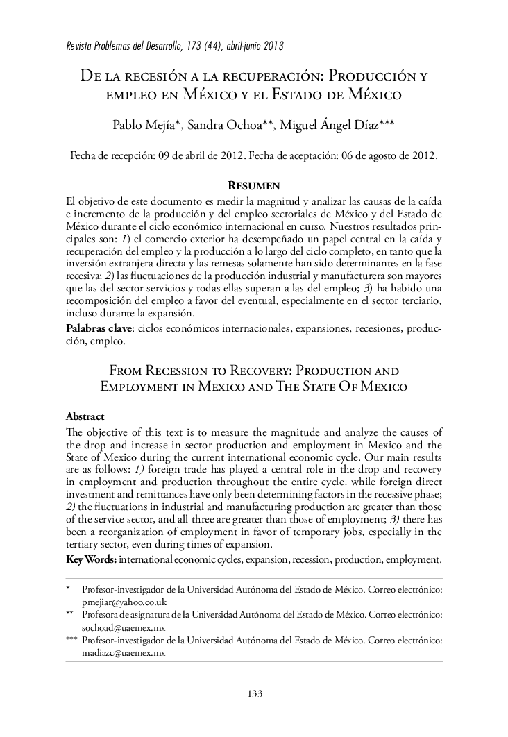 De la recesión a la recuperación: Producción y empleo en México y el Estado de México