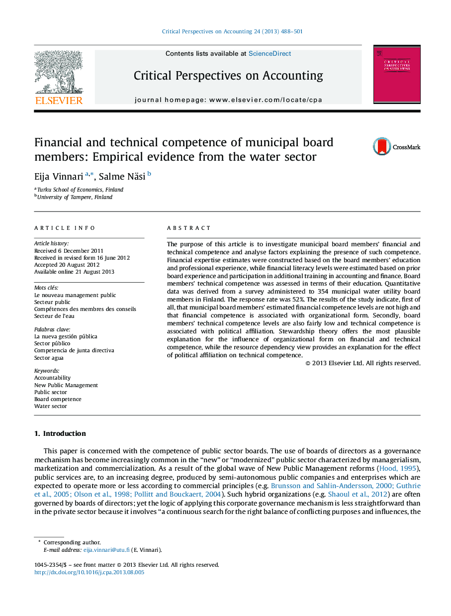 Financial and technical competence of municipal board members: Empirical evidence from the water sector
