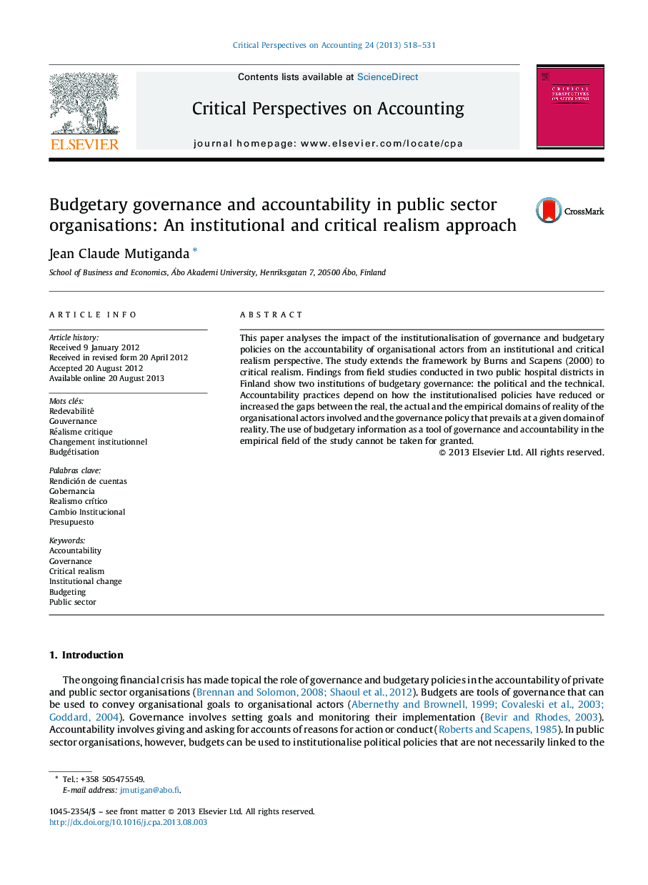 Budgetary governance and accountability in public sector organisations: An institutional and critical realism approach