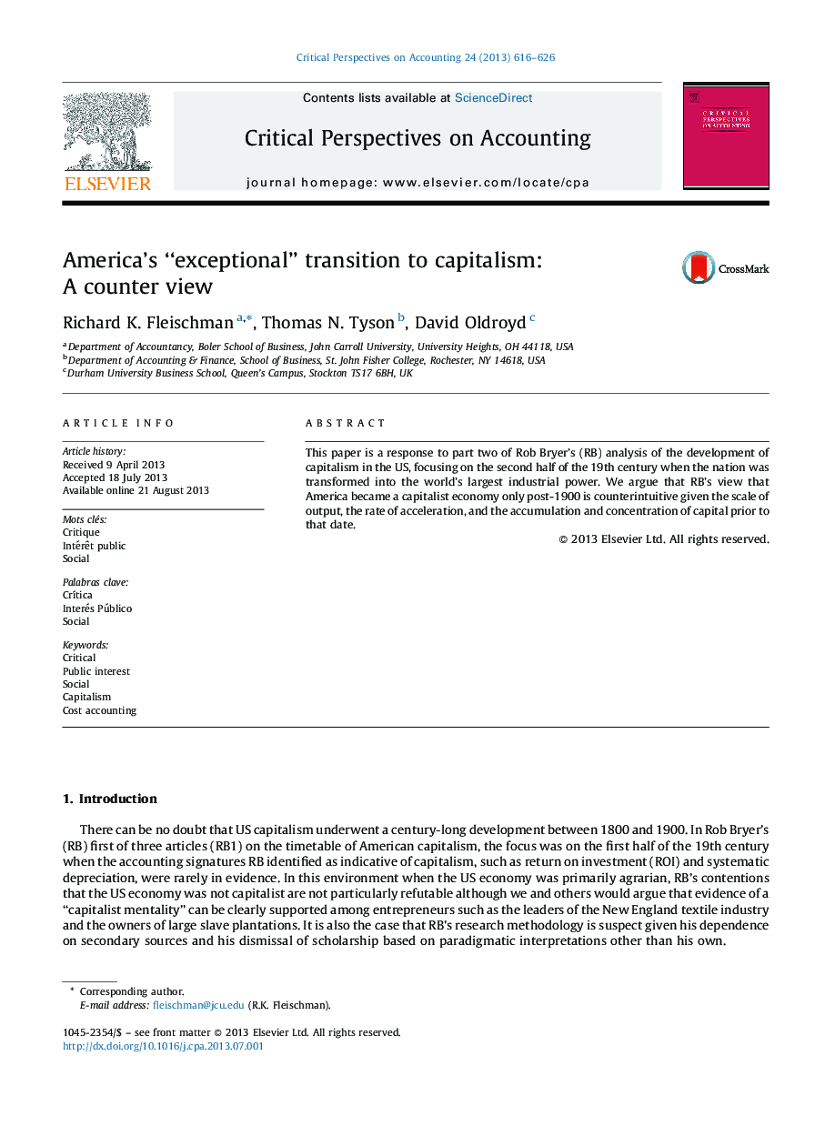 عکس صفحه اول مقاله: America's “exceptional” transition to capitalism: A counter view America's “exceptional” transition to capitalism: A counter view