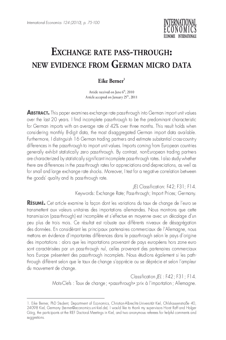 Exchange rate pass-through: new evidence from German micro data 