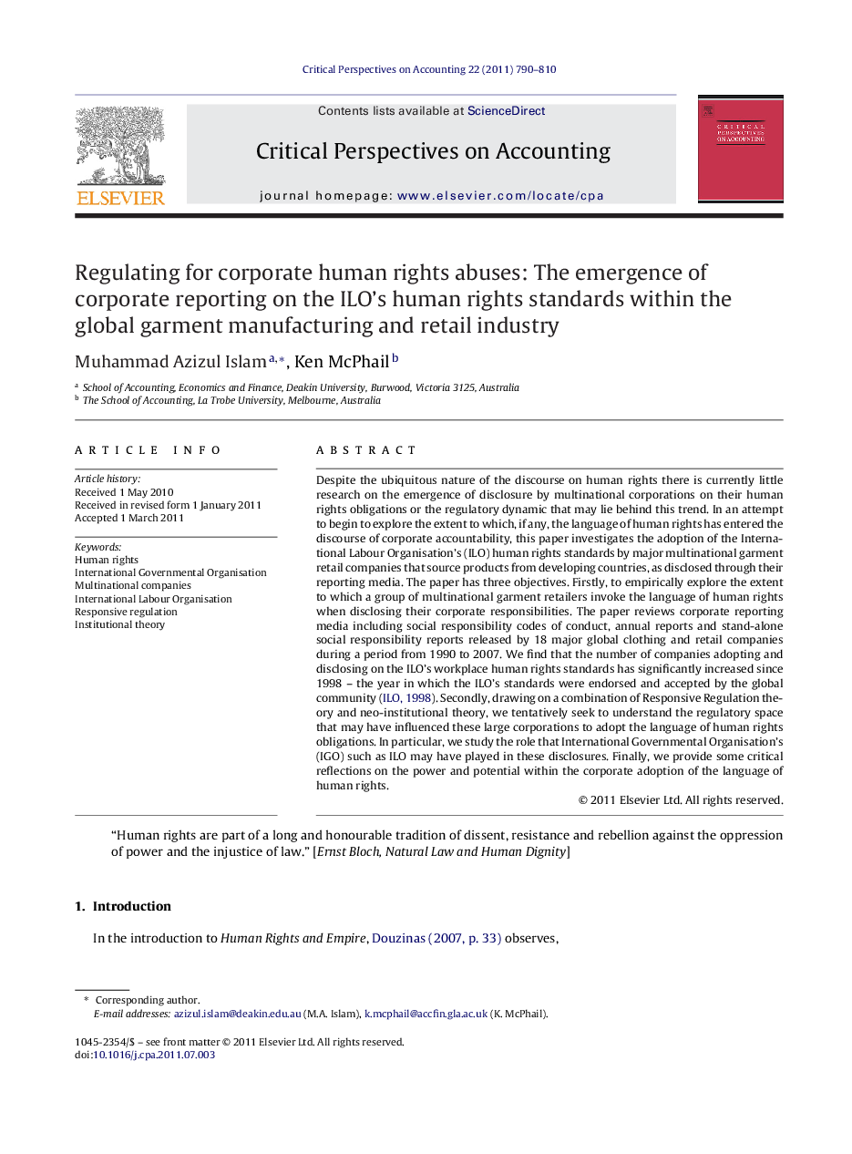 Regulating for corporate human rights abuses: The emergence of corporate reporting on the ILO's human rights standards within the global garment manufacturing and retail industry