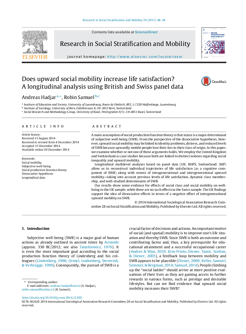 Does upward social mobility increase life satisfaction? A longitudinal analysis using British and Swiss panel data