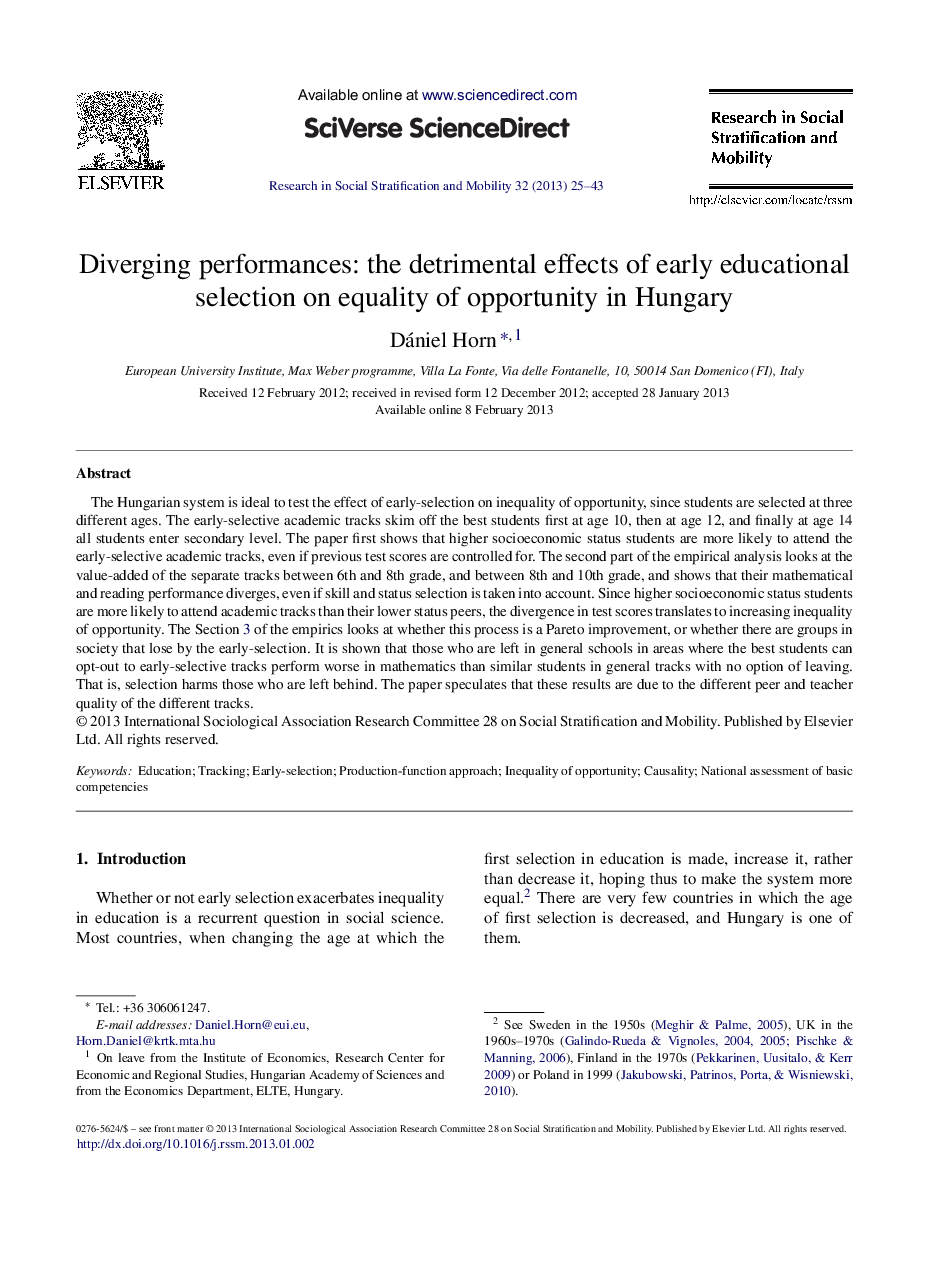 Diverging performances: the detrimental effects of early educational selection on equality of opportunity in Hungary