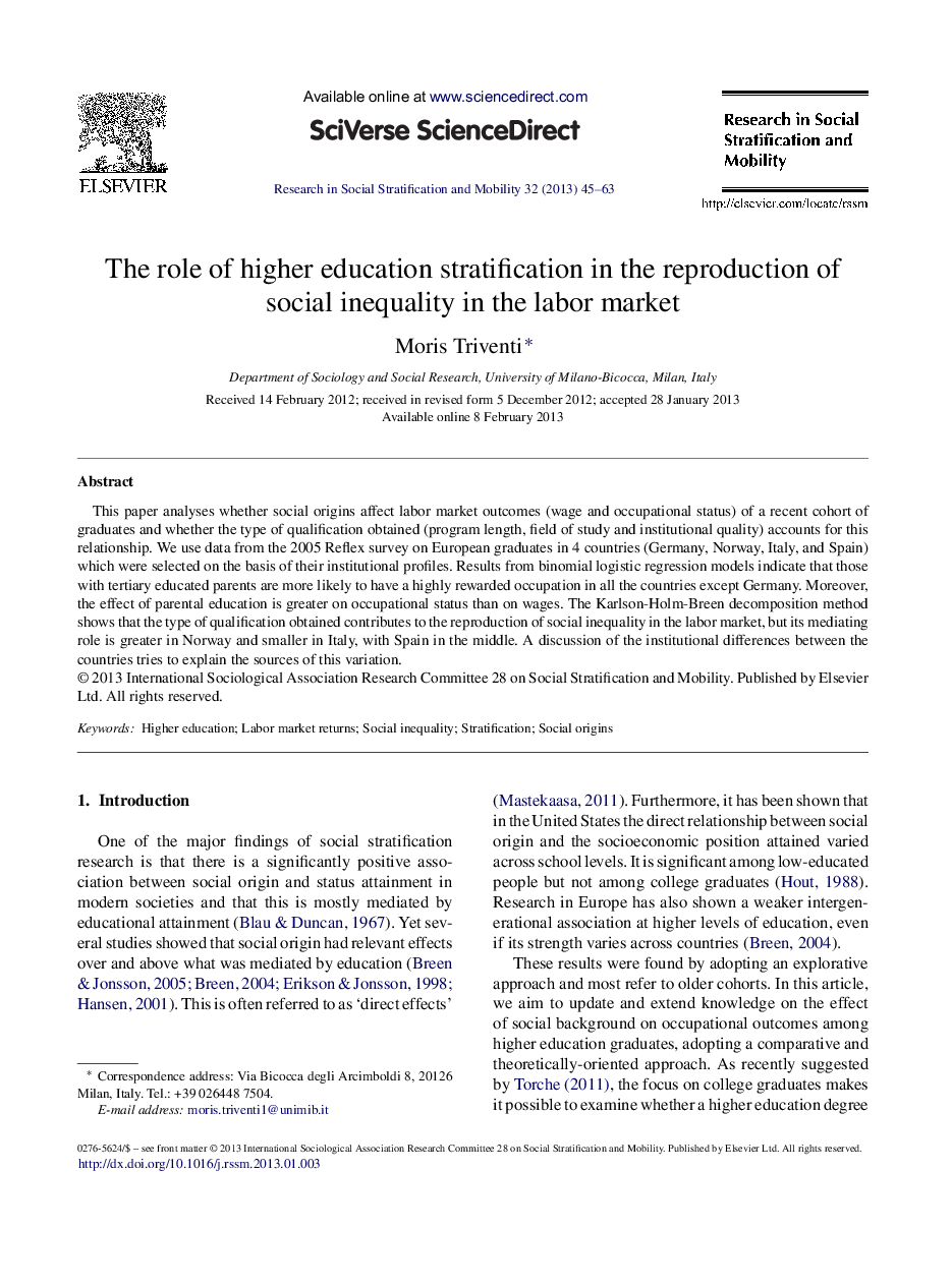 The role of higher education stratification in the reproduction of social inequality in the labor market