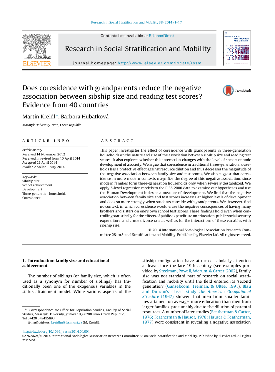 Does coresidence with grandparents reduce the negative association between sibship size and reading test scores? Evidence from 40 countries