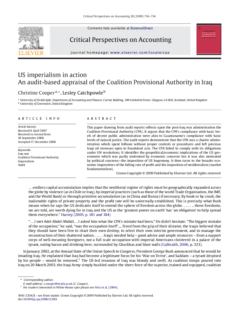 US imperialism in action: An audit-based appraisal of the Coalition Provisional Authority in Iraq