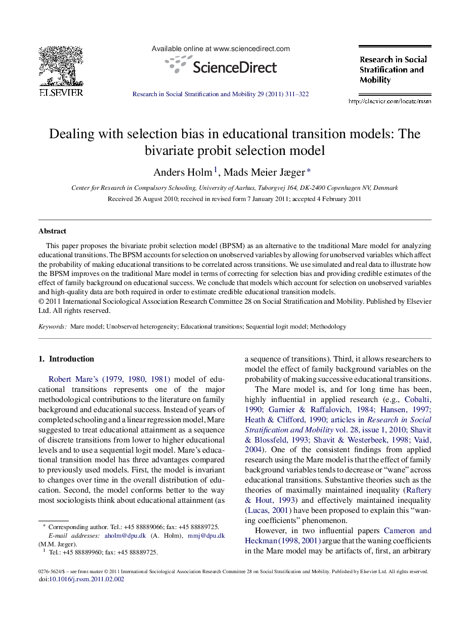 Dealing with selection bias in educational transition models: The bivariate probit selection model