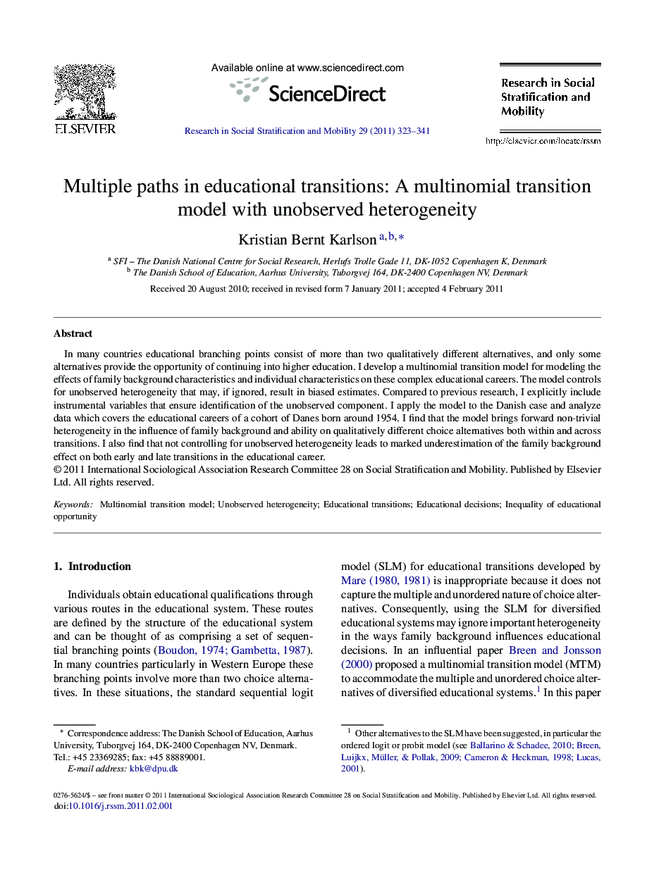 Multiple paths in educational transitions: A multinomial transition model with unobserved heterogeneity