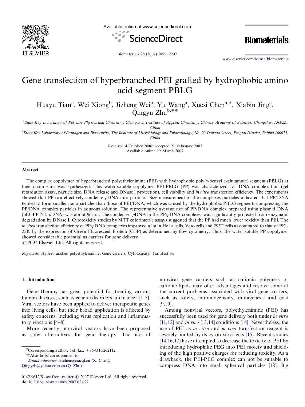 Gene transfection of hyperbranched PEI grafted by hydrophobic amino acid segment PBLG