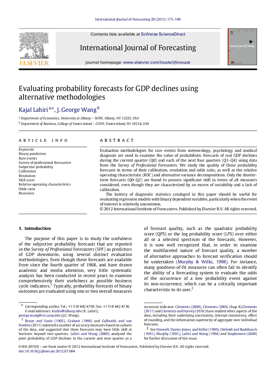 Evaluating probability forecasts for GDP declines using alternative methodologies