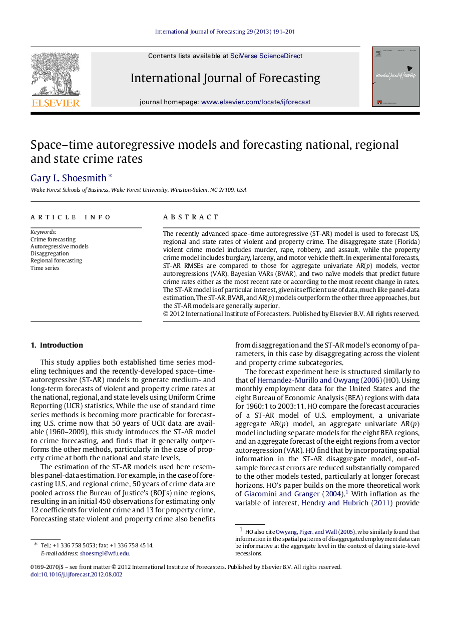 Space–time autoregressive models and forecasting national, regional and state crime rates