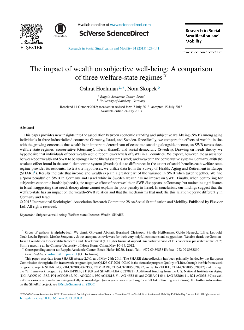 The impact of wealth on subjective well-being: A comparison of three welfare-state regimes 