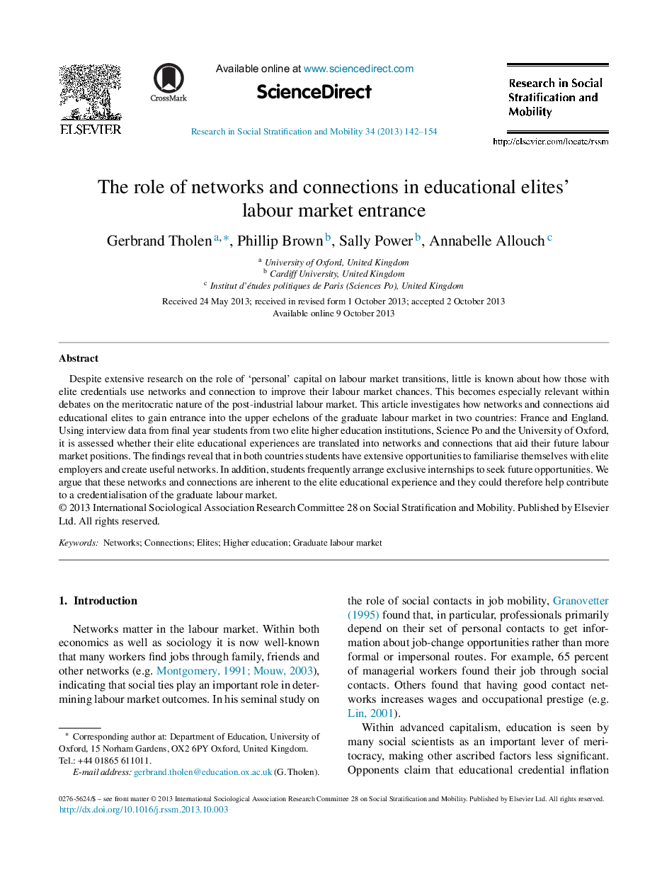 The role of networks and connections in educational elites’ labour market entrance