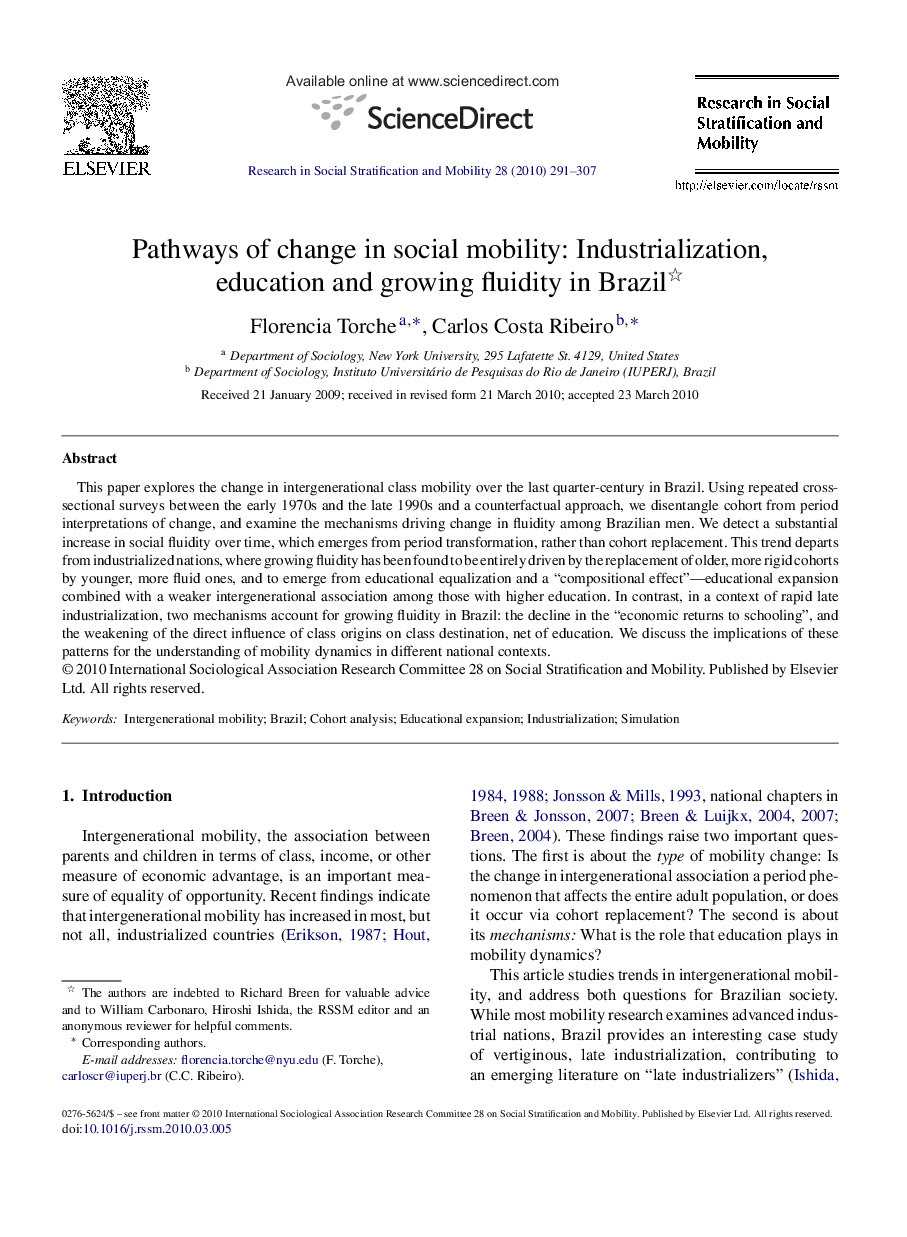 Pathways of change in social mobility: Industrialization, education and growing fluidity in Brazil 